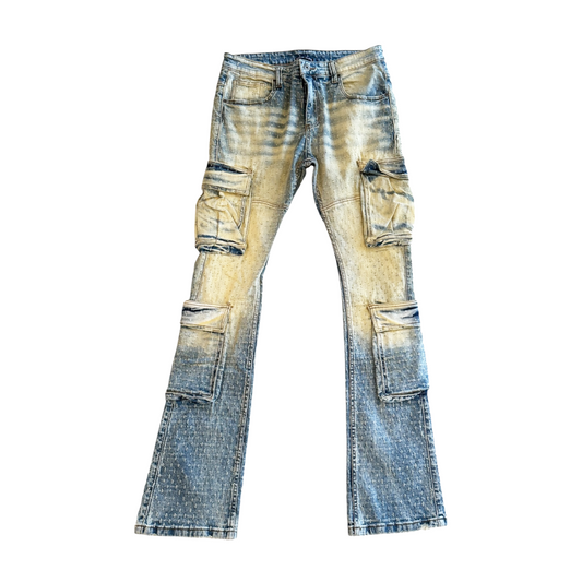 Blue Acid Wash Cross Distressed Flare Jeans