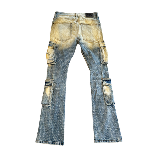 Blue Acid Wash Cross Distressed Flare Jeans